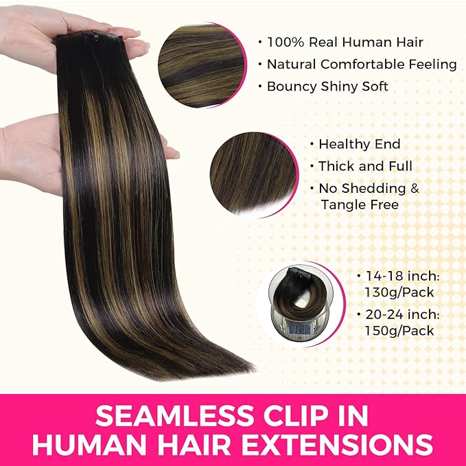 Lashey Seamless Clip in Hair Extensions Human Hair 130g 9pcs Straight Natural Black Mixed Chestnut Brown 16 Inch Hair Extensions with PU Soft Invisi Edge for Women