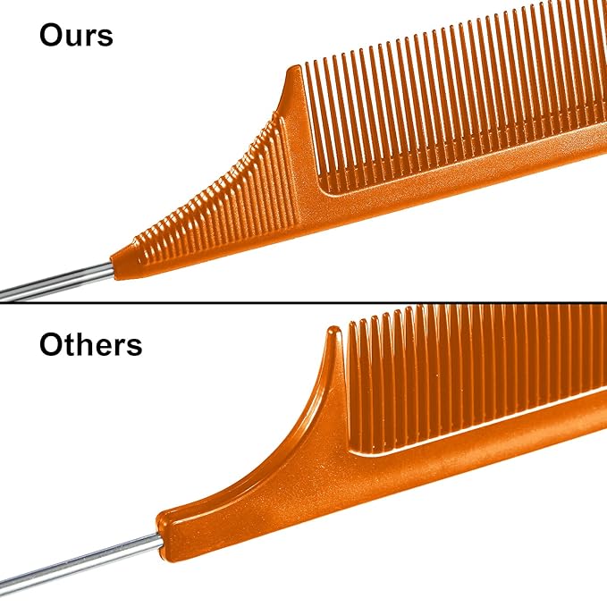 Leinuosen 3 Packs Rat Tail Comb Steel Pin Rat Tail Carbon Fiber Heat Resistant Teasing Combs with Stainless Steel Pintail (Orange)
