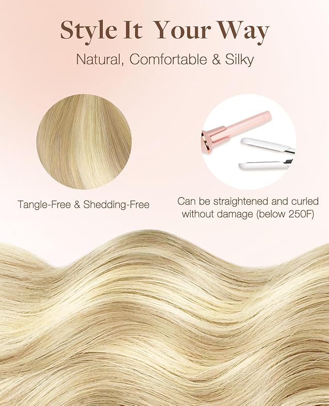 GOO GOO Invisi Edge Tape in Hair Extensions Human Hair, 18A/613A Dark Blonde Highlighted Bleach Blonde, 6pcs 22inch 18g, Virgin Remy Hair, Seamless Injected Tape, Natural Look