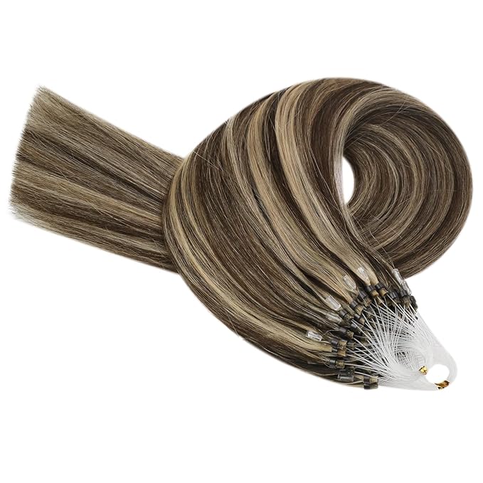 YoungSee Micro Link Hair Extensions Human Hair Brown Microbead Hair Extensions Human Hair Brown Highlight Blonde Beaded Hair Extensios 16In Micro Loop Hair Extension 50g 50s Remy Hair for Wedding
