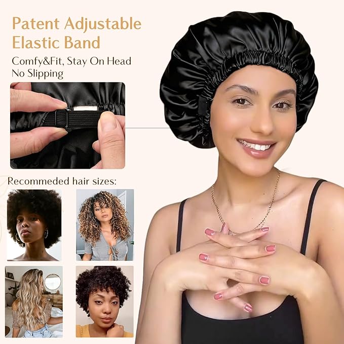 YANIBEST Adjustable Satin Bonnet Double Layer Hair Bonnet for Sleeping Bonnets for Women Hats Curly Natural Hair, Navy Blue