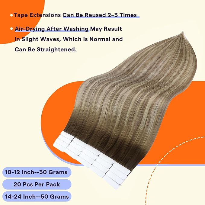Full Shine Tape in Hair Extensions Human Hair 20 Inch Ombre Color 3 Fading to 6 Brown and 22 Blonde Balayage Straight Remy Human Hair Tape in Extensions 20 Pieces Soft and Silky 50 Grams Add Length