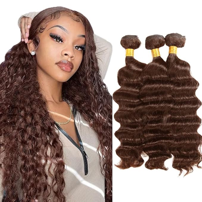 Chocolate Deep Wave Bundles Human Hair Color 4 Bundles Peruvian Grade 8A Virgin Remy Hair Mixed Length 3 Bundles 16 18 20 Inch Double Weft Hair Weave