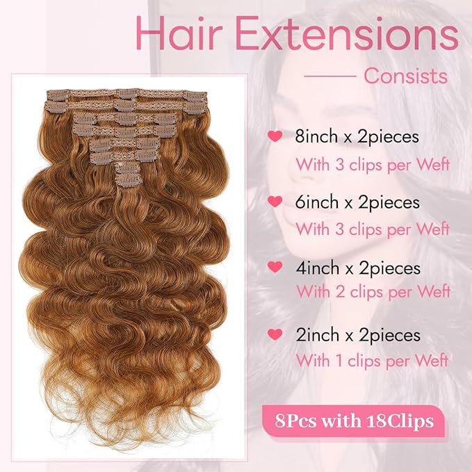 Clip in Hair Extensions Real Human Hair Body Wave 30 Auburn Ginger Clip in 100% Brazilian Remy Human Hair Extensions 8pcs Per Set with 18 Clips Double Weft 20 Inch 105g/3.6oz