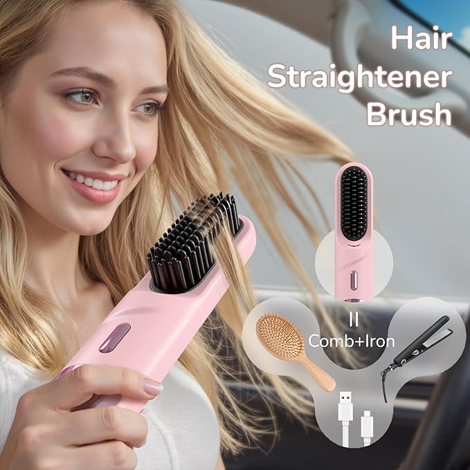 Go Brush Pro 2026 Hair Straightener Brush 300 Million Negative Ionic Portable Cordless Hair Straightener for Women with 4 Temps Fast Heating MCH Ceramic Coating Smooth Frizz - Free Hair Gift for Women
