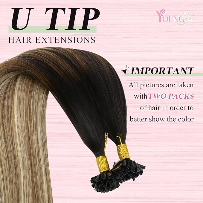 YoungSee U Tip Hair Extensions Human Hair Balayage Utip Hair Extensions Dark Brown Ombre Brown with Blonde Hot Ktip Fusion Hair Extension U Tip Human Hair Extension for Short Hair 14In 50s/50g