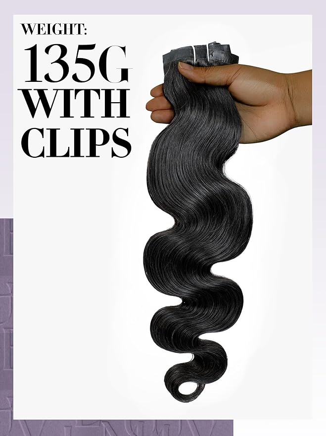 LUVME Clip in Hair Extensions Real Human Hair, Natural Black 135g 9pcs 18 Inch, Human Hair Clip ins Extensions for Women on Thick Body Wavy Extensions