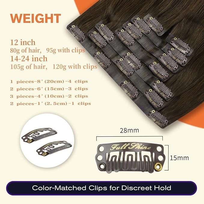 Full Shine Seamless Clip in Hair Extensions Brown Hair Clip in Extensions Pu Weft Real Hair Extension Clip ins Silky Straight Natural Hair 120 Grams 14 Inch 8 Pcs