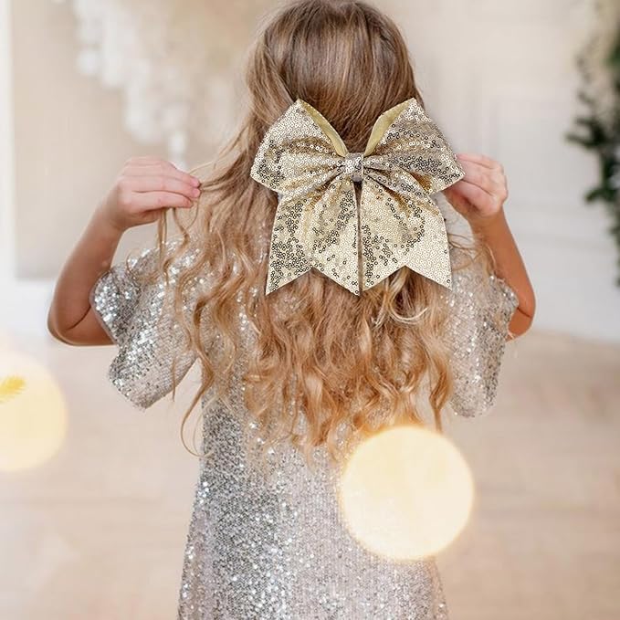 Large Glitter Cheer Bows Clips, Jumbo Big 7 Inch Cheerleading Sequin Hair Bow Hair Accessories for Teens Girls Football Sports Cheerleader Outfit Uniform (Gold)