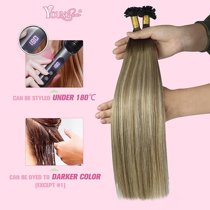 YoungSee K Tip Hair Extensions Balayage Keratin Tip Hair Extensions Balayage 24 Inch Long Dark Brown Ombre Brown with Blonde 50s/50g