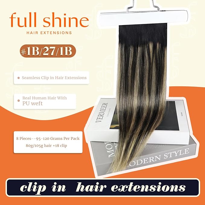 Full Shine Hair Clip in Extensions 14 Inch Seamless Clip in Hair Extensions Black Ombre Honey Blonde With Black Seamless Human Hair Clip ins Extension Skin Weft 8 Pcs 120 G