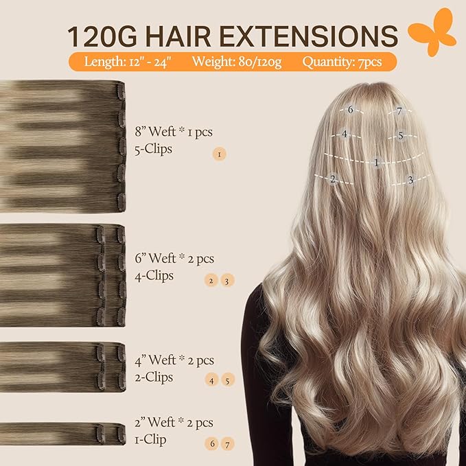 DOORES Hair Extensions Clip in Human Hair, Ash Brown to Dirty Blonde Balayage Platinum Blonde 18 Inch 120g 7pcs, Clip in Hair Extensions Remy Weft Natural Straight Weft for Women