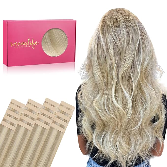 WENNALIFE Tape in Hair Extensions Human Hair, 20pcs 60g 26 inch Ombre Ash Blonde to Golden Blonde Balayage Platinum Blonde Remy Hair Extensions Straight Human Hair Tape in Extensions Skin Weft Tape