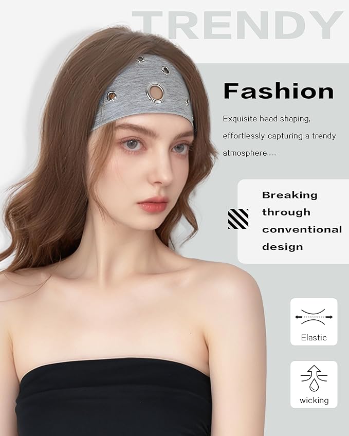 Grommet Headband for Women, Grey Star 23cm Hollow Out Elastic Hair Band, Eyelets Punk Grunge Stylish Hairband