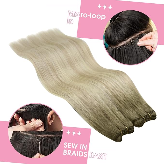 YoungSee Weft Hair Extensions Ombre Blonde Human Hair Sew in Extensions Ash Blonde Ombre Platinum Blond Highlights Sew in Hair Extensions Real Human Hair Wefts One Piece 18Inch 100G