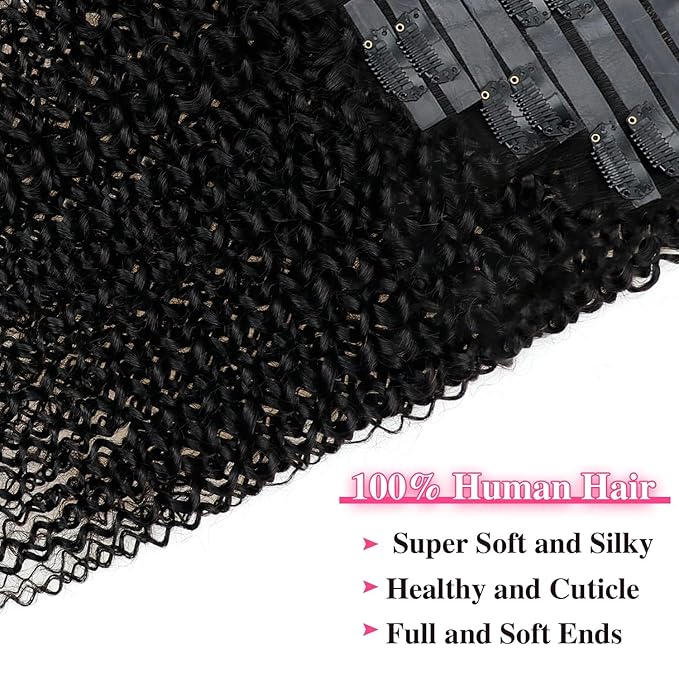 24 Inch Seamless Kinky Curly Clip Ins for Women Kinky Curly Clip on Extension Human Hair Brazilian Remy Human Hair Extensions Natural Black Clip ins 8 Pcs with 18 Clips 120g/Set