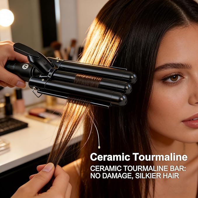 3 Barrel Curling Iron, 1 Inch Ceramic Tourmaline Hair Waver Wand with LCD Temperature Display, Fast Heating Foldable Crimpers for Travel Glove Included (Black)