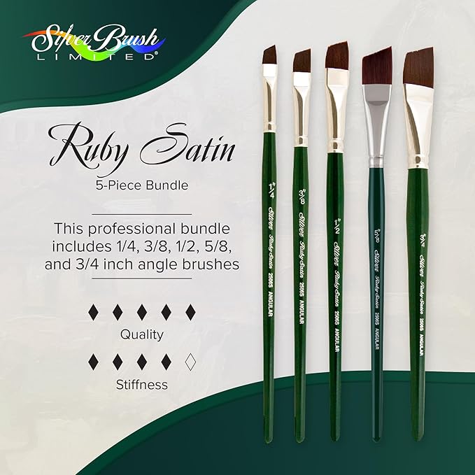 Silver Brush Limited RS-2551S Ruby Satin Short Handle Angle Brushes with Stiff & Flexible Synthetic Bristles, 5pc Professional Painting Set for Oil and Acrylic, Size 1/4, 3/8, 1/2, 5/8, and 3/4 Inch