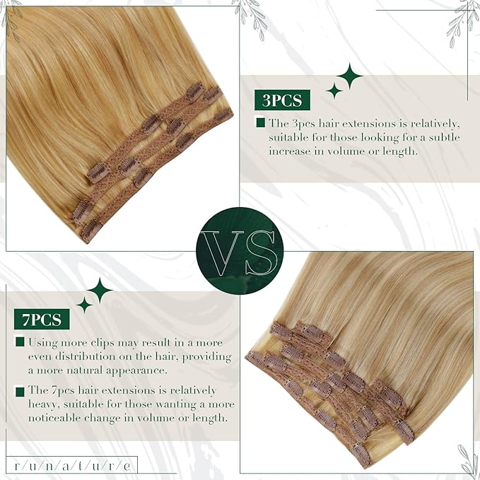 RUNATURE Blonde Clip in Hair Extensions, Real Hair Extensions Clip Ins, Remy Human Hair Clip in Extensions 18 Inch, Full Head Tangle Free Hair, 50g 3pcs #16P24 Golden Blonde Highlights
