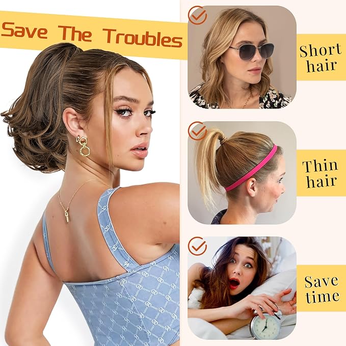 KooKaStyle Ponytail Extension, 10" Short Claw Clip in Pony Tails Hair Extensions Curly Wavy Synthetic Drawstring Hairpieces for Women Fake Ponytail(Dark Brown with Golden Auburn)