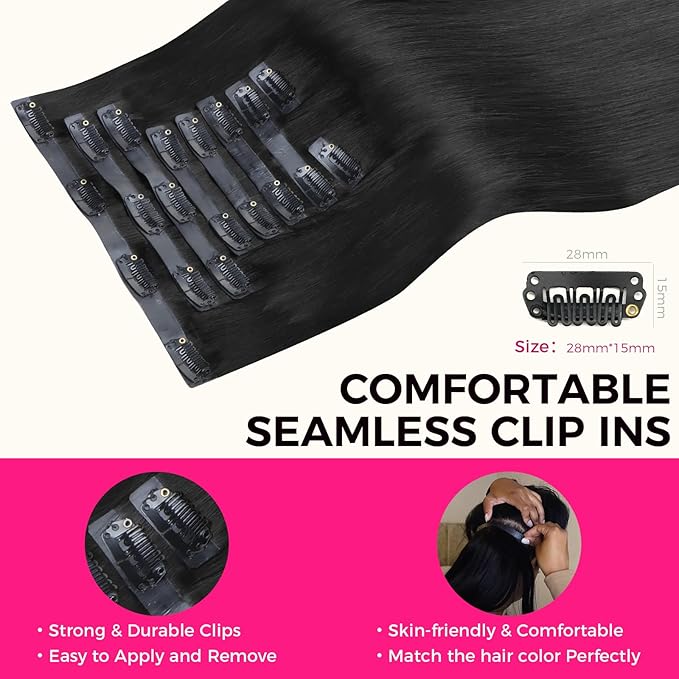 Lashey Seamless Clip in Hair Extensions Human Hair 150g 9pcs #1 Jet Black Straight 22 Inch Hair Extensions Clip ins with PU Soft Invisi Edge