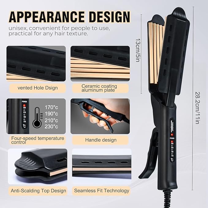 2 Inch Hair Crimper for Volumizing & Textured Styles, Ceramic Crimping Iron with Anti-Static Technology, 4 Adjustable Heat Settings 300°F-450°F, 110-240V Travel Hair Styling Tool for Women