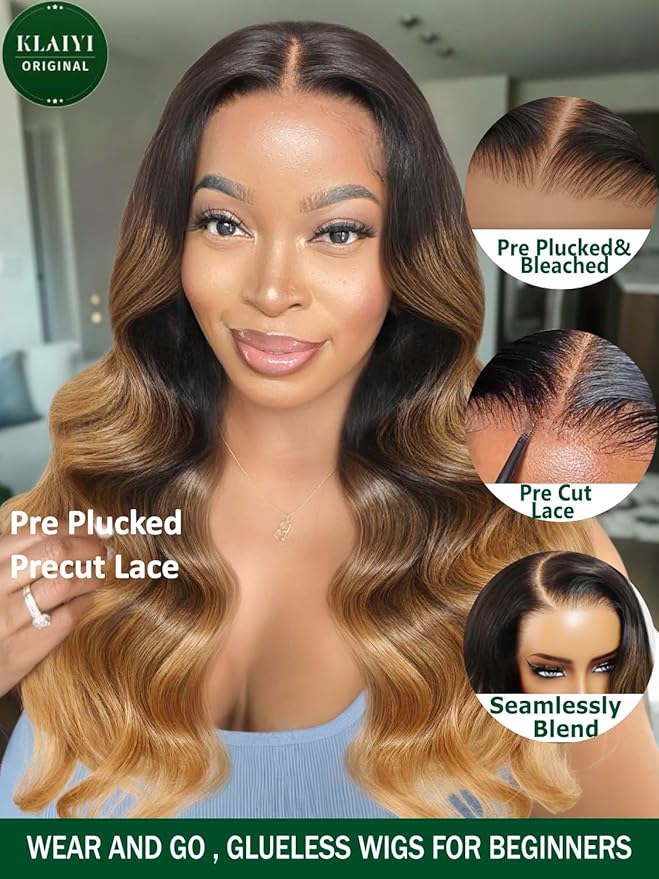 KLAIYI Ombre Highlight Blonde Loose Wave Pre Everything Glueless 13x4 Lace Front Wigs Human Hair Drawstring Balayage Brown Pre Cut Pre Plucked Bleached Ready to Wear and Go Wig with Dark Roots 26Inch