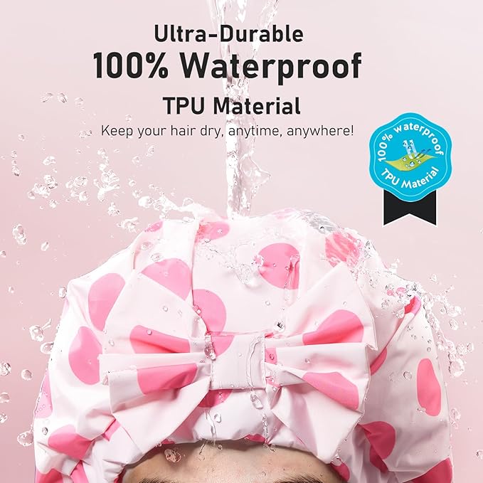 LitBear Luxury Silk Lined Shower Caps for Women Reusable Waterproof, Double Layered Large Bathing Hair Cap with Adjustable Elastic Strap, Non-slip, Quick-dry, for Long Short Hair, Pink Dots