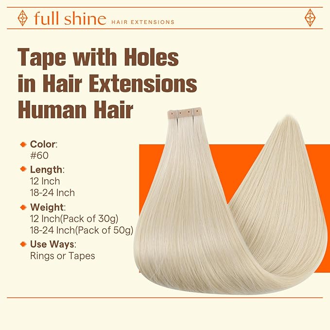 Full Shine Blonde Tape in Hair Extensions Human Hair Tape in with Holes Color 60 Bleach Blonde 20Pcs Tape in Extensions 30G 12Inch Skin Weft Invisible Seamless for Women Glueless Brazilian