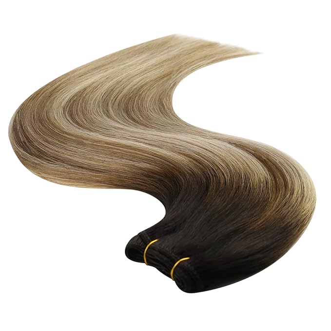 YoungSee 130g Sew in Hair Extensions Real Human Hair Dark Brown Ombre Medium Brown with Blonde Balayage Weft Hair Extensions Ombre Sew in Bundles Human Hair for Women 24Inch