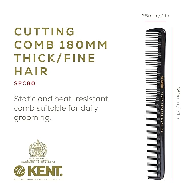 Kent SPC80 Salon-Style Dressing Cutting Comb with Wide and Fine Teeth - Professional Barber Haircut Comb for Styling and Teasing for All Hair Types - Kent Quality Barber Supplies