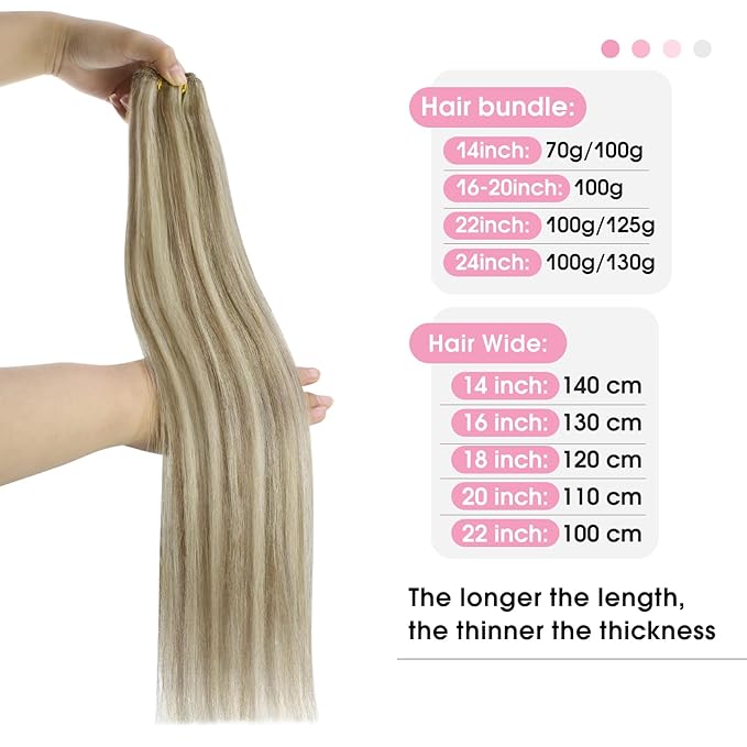 YoungSee Weft Hair Extensions Human Hair Highlight Hair Extensions Sew in Light Brown with Blonde Highlight Weft Extensions Soft Remy Hair 16Inch 100G