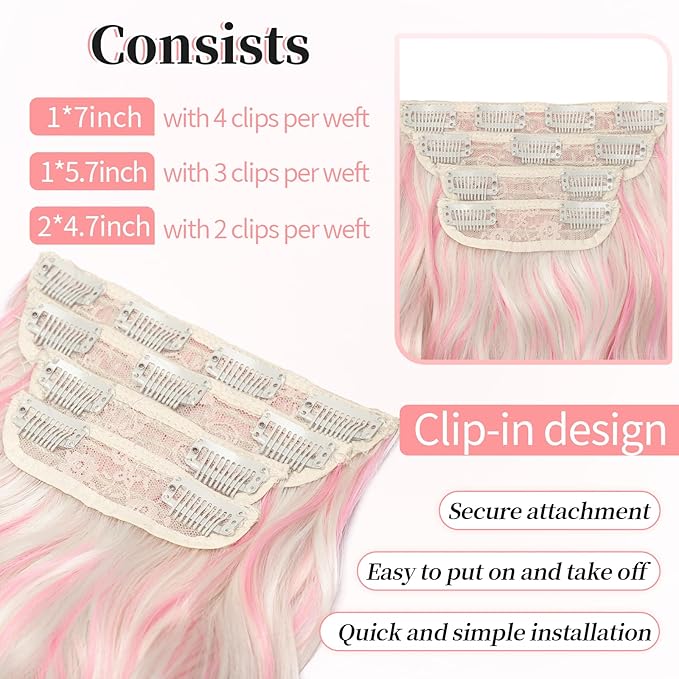 KooKaStyle Clip in Hair Extensions 4PCS Long Wavy Natural & Soft Hairpieces for Women 24 Inch for Women(Blonde with Pink Highlight)