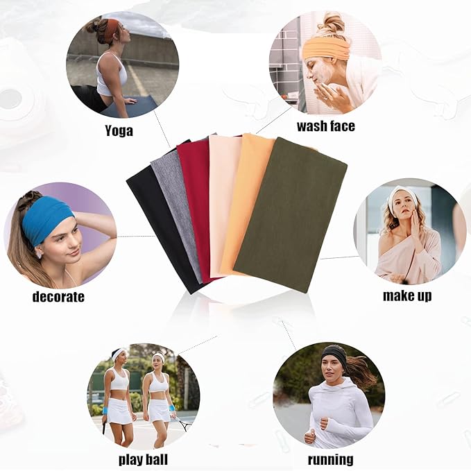 Boho Wide Headbands for Women Short Hair Floral Headbands Soft Fabric Hair Bands Non Slip Elastic Sweat Hairbands Workout Yoga Running Sport Thin Wrap for Girls