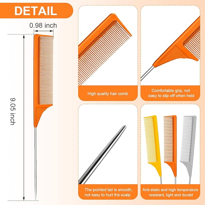 Leinuosen 3 Packs Rat Tail Comb Steel Pin Rat Tail Carbon Fiber Heat Resistant Teasing Combs with Stainless Steel Pintail (Orange, Ginger, Grey)