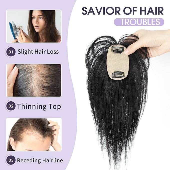 Jet Black Real Human Hair Topper with Bangs Covers Thinning Crown, Receding Hairline for Women 10inch Clip-In Hair Topper for Thinning Hair