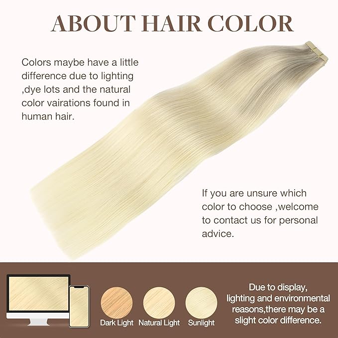 GOO GOO Tape in Hair Extensions Human Hair, 17/22/60 Ash Blonde to Golden Blonde and Platinum Blonde, 18inch 50g 20pcs, Skin Weft Seamless Invisible, Silky Straight with Thick Ends, Remy Human Hair