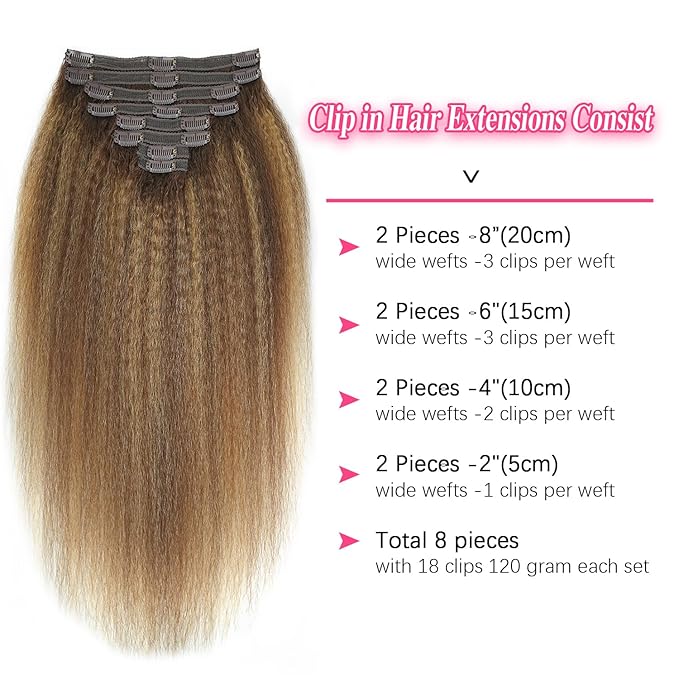 Kinky Straight Clip in Hair Extensions Real Human Highlight Clip ins For Women Unprocessed Clip on Hair Extensions(22inch,#4/27/4)