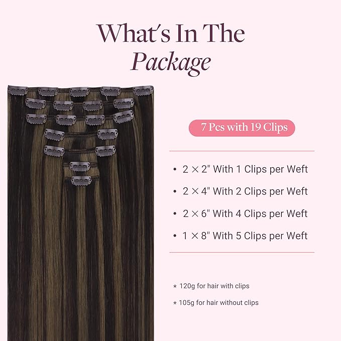 GOO GOO Clip in Hair Extensions Real Human Hair, Remy Human Hair Extensions Clip ins for Women, Natural Human Hair, 16inch 120g 7 Pcs, #2/6 Dark Brown Highlighted Chestnut Brown