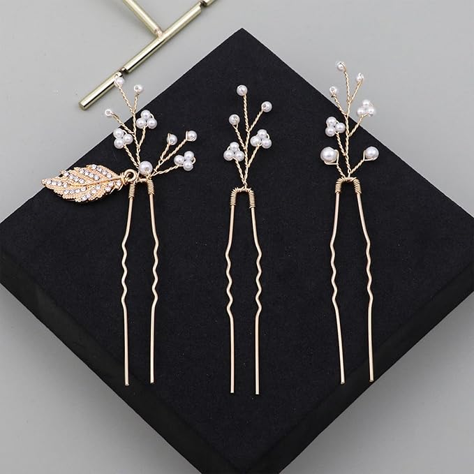Handmade 6 Piece Flower Wedding Hair Accessories Elegant Bridal Hair Pins with Adorable Flowers Sparkling Rhinestone Gold Leaves and Pearl Accents for Women Brides and Bridesmaids (Gold)