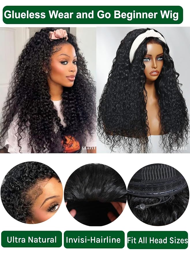 KLAIYI Water Wave 3 In 1 Flip Over 3/4 Half Wig Human Hair Curly Flip Over Seamless Blend Edges Glueless Wear and Go Drawstring Headband Clip In Wigs for Women Ready to Go Wig Beginner Friendly 26Inch