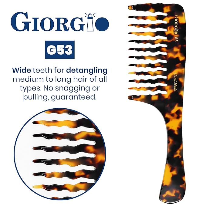 Giorgio G53 Wide Tooth Rake Comb for Curly, Thick Hair - Handmade Detangler for Wet and Dry Hair, Hand Polished (8")