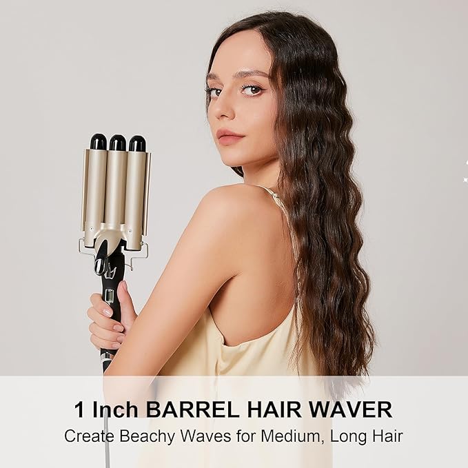 Hair Waver 3 Barrel 1 Inch for Classic Beach Waves, AIMERVO Crimper Tool for Women 15 Temp Settings from 170 to 450°F, Tourmaline Ceramic Crimping Iron, PTC Heater Technology, 1 Hour Auto Shut-Off