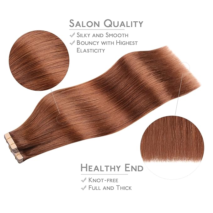 WENNALIFE Tape in Hair Extensions Human Hair, 40pcs 100g 24 inch Dark Auburn Copper Hair Extensions Real Human Hair Straight Tape in Extensions Invisible Human Hair Extensions Reusable Real Hair Exten