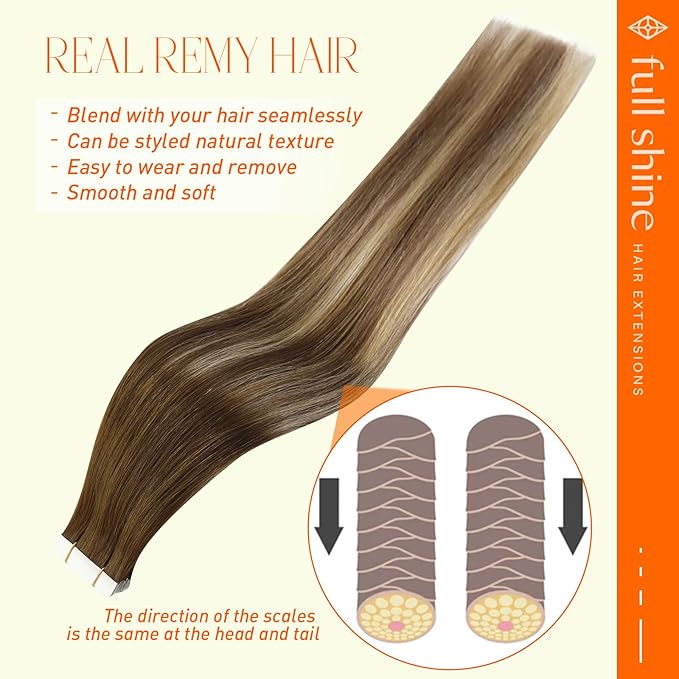 Full Shine Tape in Hair Extensions Real Human Hair Color 4/27/60/8 Brown and Blonde Tape In Extensions 14 Inch Remy Hair Extensions Tape ins Invisible Seamless Invisible Straight Hair 20 Pcs 50G