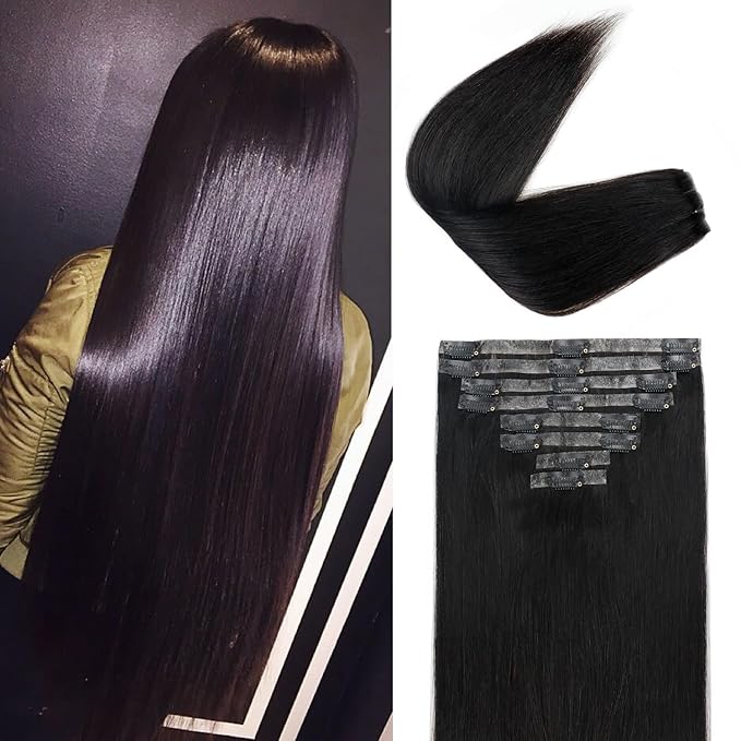 Injected Clip in Hair Extensions Real Human Hair Invisible Hand-Tied Weft Hair Extensions Clip in Human Hair Straight Seamless Clip ins for Women 8Pcs 120g 18inch #1B Natural Black