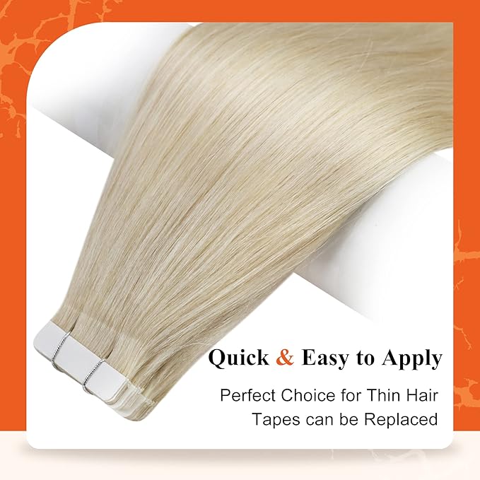 Full Shine Invisible Tape in Hair Extensions Color 60 Blonde Remy Skin Weft 12Inch Tape in Extensions 20 Pcs Seamless Invisible Brazilian Real Human Hair for Wedding Natural 30G