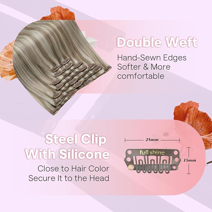Full Shine Blonde Clip In Hair Extensions, Ash Brown Highlight Blonde Extensions Clip in, Remy Straight Clip in Human Hair for Women,Double Weft 7 Pcs 120 G 16 Inch
