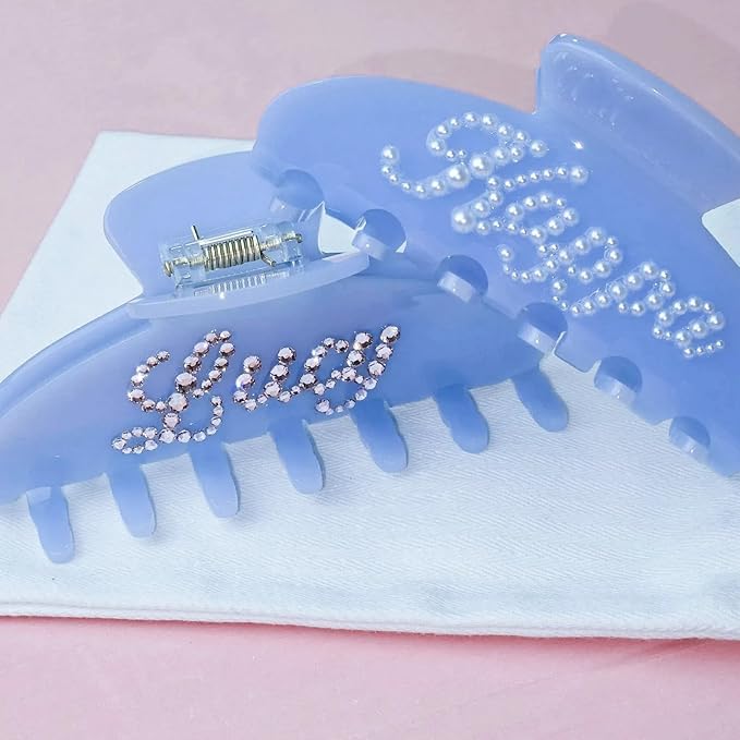 Customizable Hair Claw Clips for Women,Personalized Rhinestone Hair Clips with Name,Cute Large Hair Accessories,Handmade Rhinestones Hair Clamp Gifts for Mom,Bride,Wife,Bridesmaid,Couples（Jelly Blue）