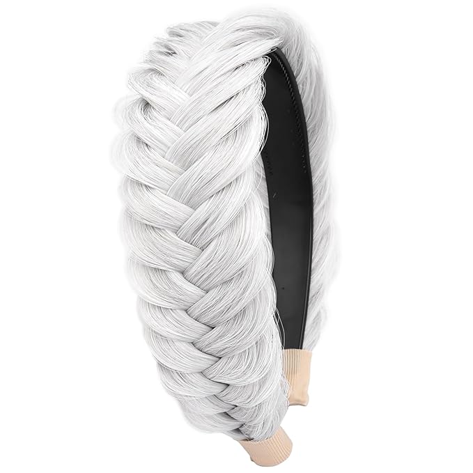 DIGUAN Wide Messy Braided Headband With Teeth Synthetic Hair Plaited Headband High Elasticity Braids Chunky Fishtail Braided Hair Band Hairpiece for Girls Women (White Gray)